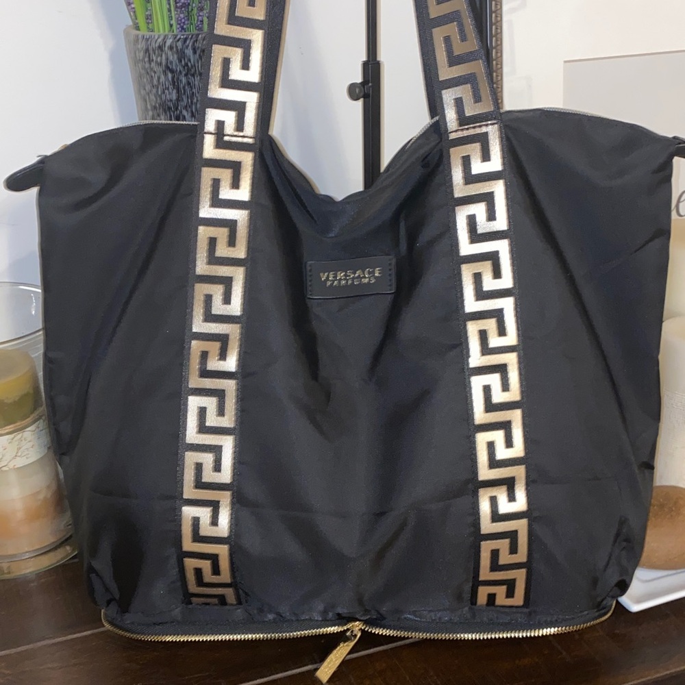New! Versace Large Black Foldable Weekend Tote with Gold Accents - Picture 1 of 16